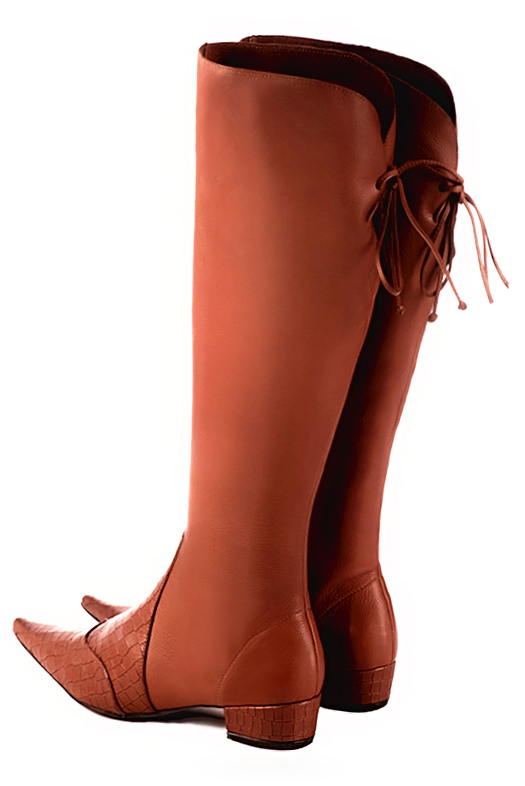 Terracotta orange women's knee-high boots, with laces at the back. Pointed toe. Low block heels. Made to measure. Rear view - Florence KOOIJMAN